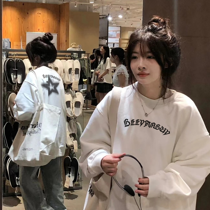 FOCUS local brand vintage Trắng long sleeve women áo nỉ sweater cổ tròn unisex oversized levents 100%cotton