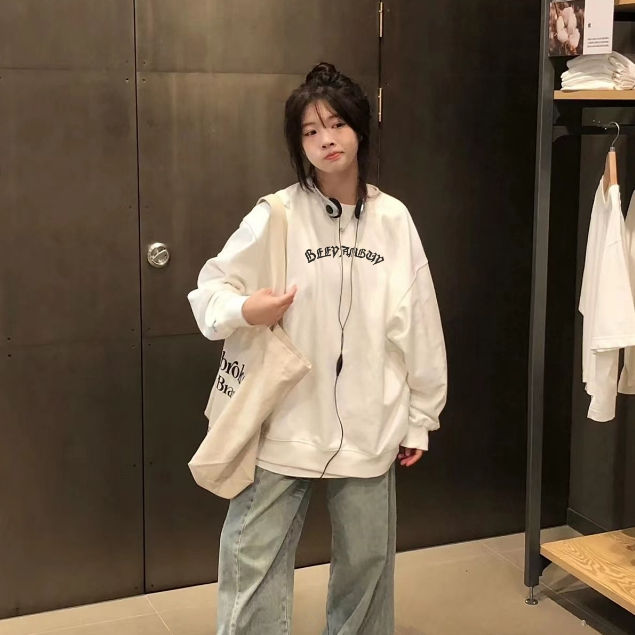 FOCUS local brand vintage Trắng long sleeve women áo nỉ sweater cổ tròn unisex oversized levents 100%cotton