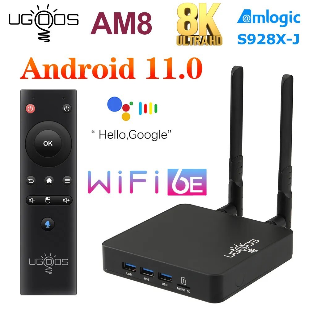 Tivi Box Ugoos AM8 Amlogic S928X-J Android 11.0 LPDDR4 4GB 32GB, WiFi6E, Bluetooth 5.3, LAN 1000M, 8K