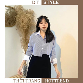 Áo sơ mi croptop nữ dài tay nhiều màu kẻ vạt lệch phong cách Hàn Quốc siêu hot