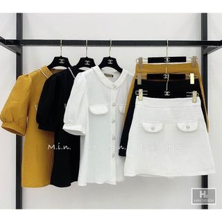 Bộ 2 món váy tay bồng viền ngọc + chân váy chữ A tôn dáng