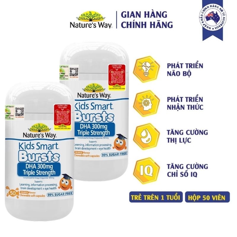 Viên nhai bổ sung DHA hàm lượng cao cho bé Nature's Way Kids Smart DHA 300mg Triple Strength 50 Viên