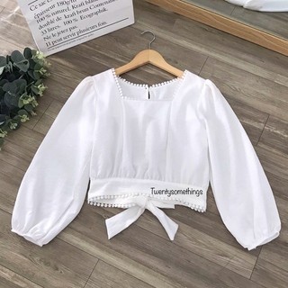 Áo croptop thắt nơ lưng phối ren , áo công sở