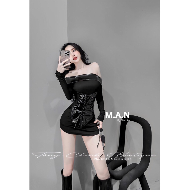 Váy body phối da đan dây