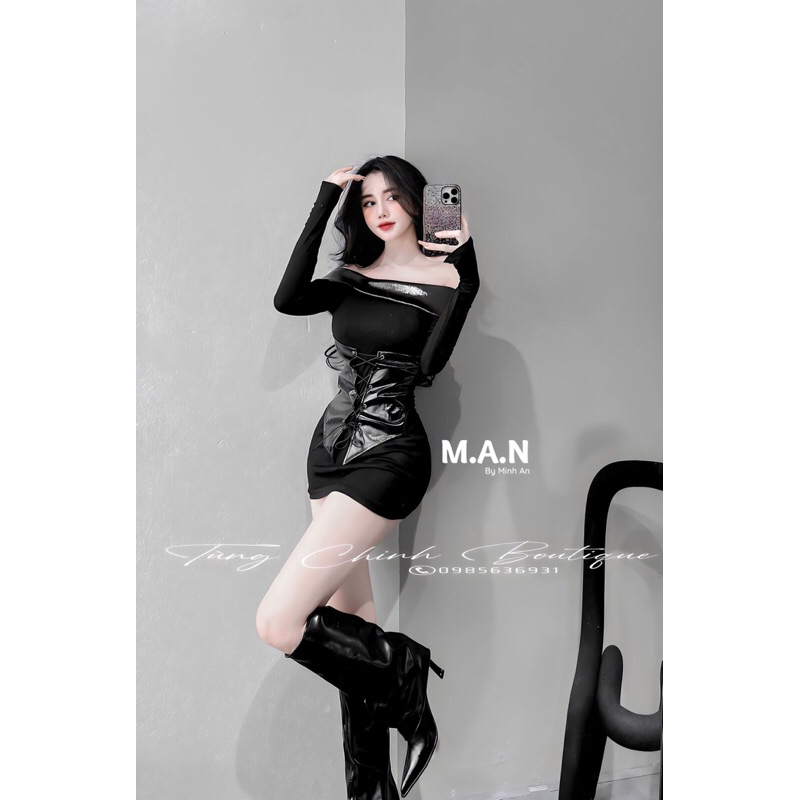 Váy body phối da đan dây