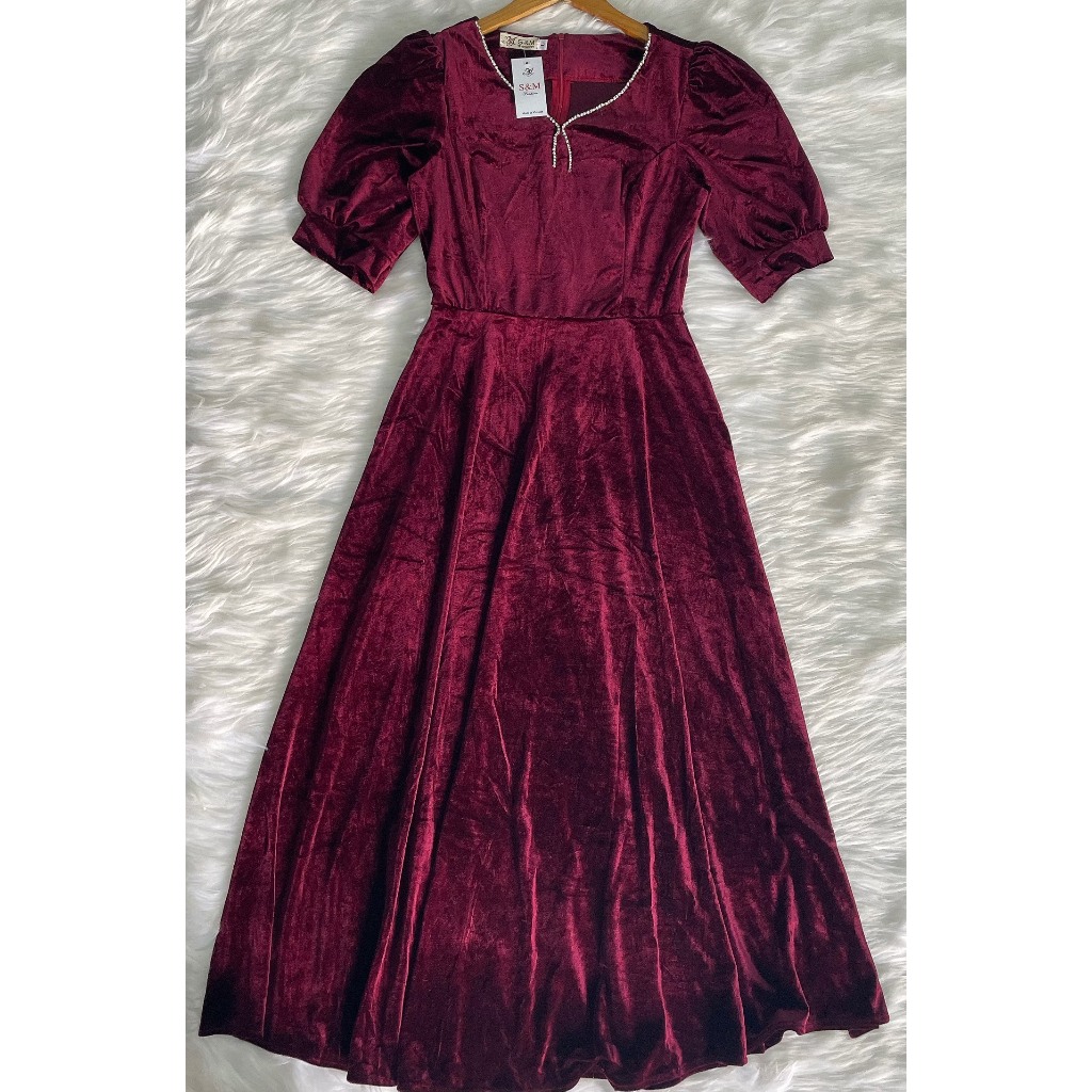 Đầm nhung đính dây đá, form dài, tay phồng - GR0296