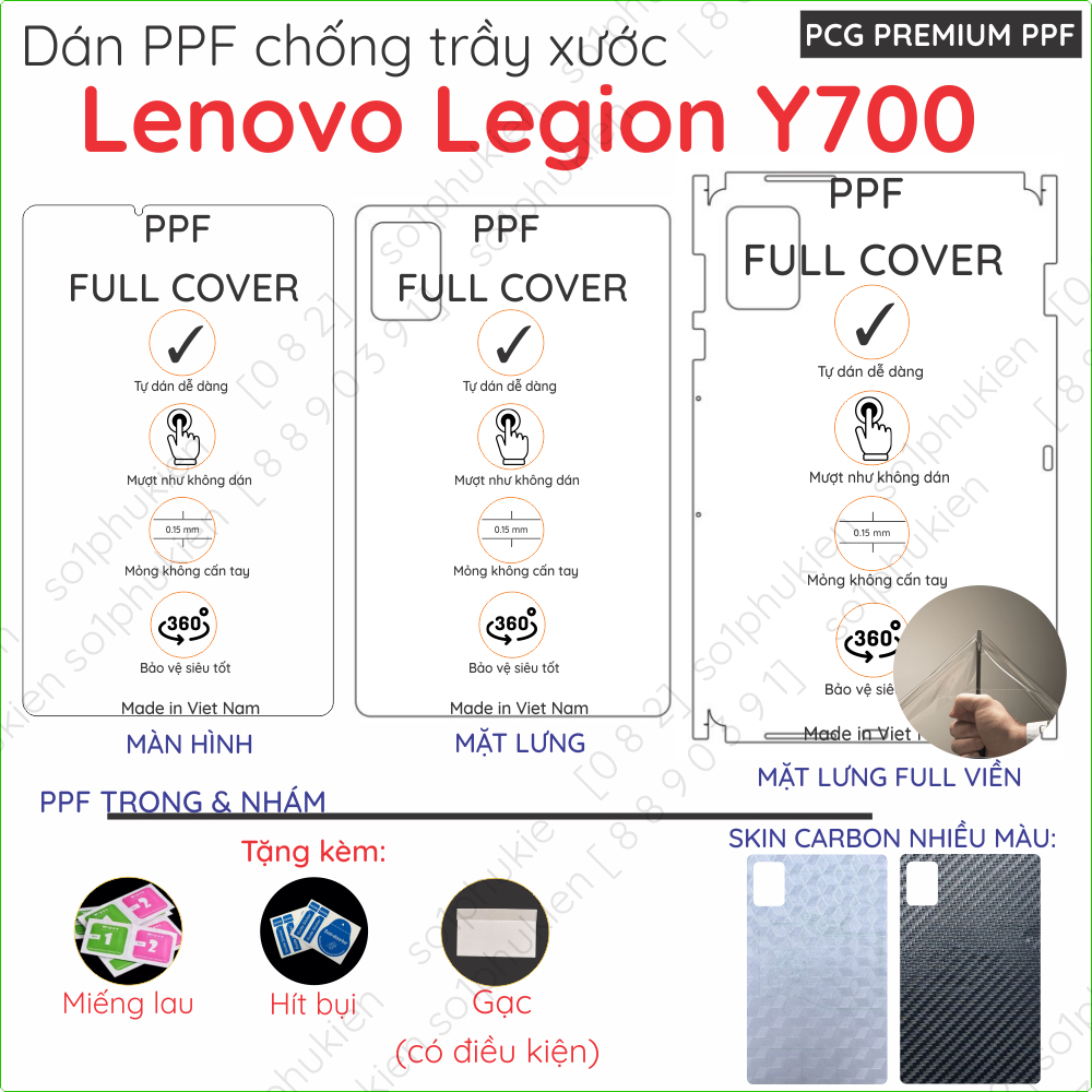 Dán PPF & Vân Carbon Lenovo Legion Y700  / Y700  cho màn hình,mặt lưng, full viền loại trong, nhám chuẩn xịn