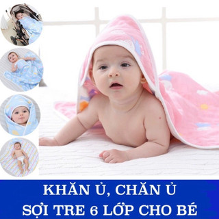 Chăn ủ xô sơ sinh có mũ; khăn ủ, khăn tắm có mũ chất liệu cotton sợi tre 6 lớp in hình 2 mặt cho bé
