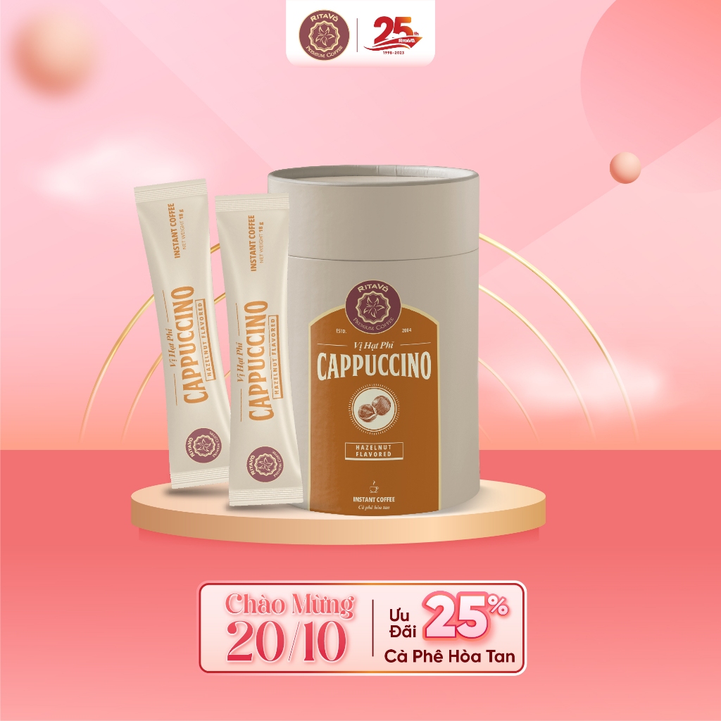 Cà phê hòa tan cappuccino hazelnut (hương thơm quyến rũ) thương hiệu RitaVõ Cafe - Hộp 216g (gồm 12 gói x 18g)