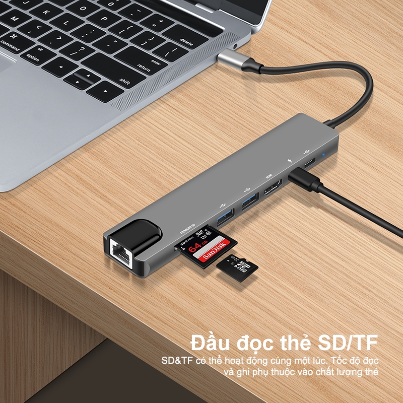 USB C Hub Goojodoq Type-C 3.1 đến 4K Đầu đọc thẻ nhớ USB SD / TF tương thích HDMI RJ45 PD Fast Charge 8 trong 1 USB Dock