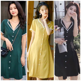 Đầm váy sơ mi viền ren hoa 3 màu