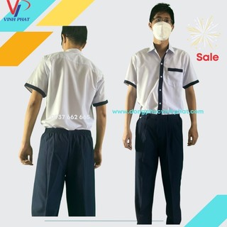 Áo sơ mi trắng nam viền xanh đen ngắn tay cho học sinh cấp 2, cấp 3-hình thật