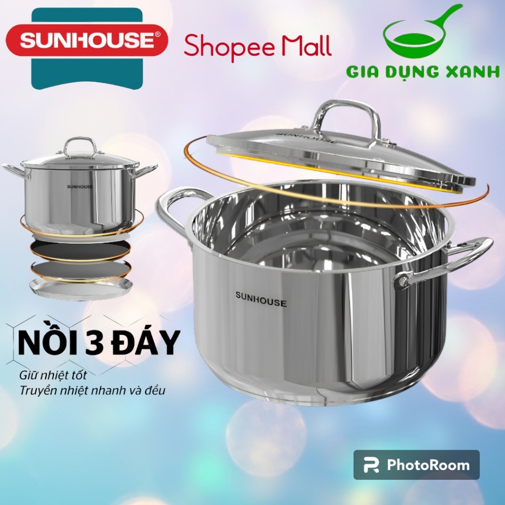 Nồi inox 3 đáy vung kính Sunhouse SHG301-20 20cm dung tích 3L max dùng trên mọi loại bếp