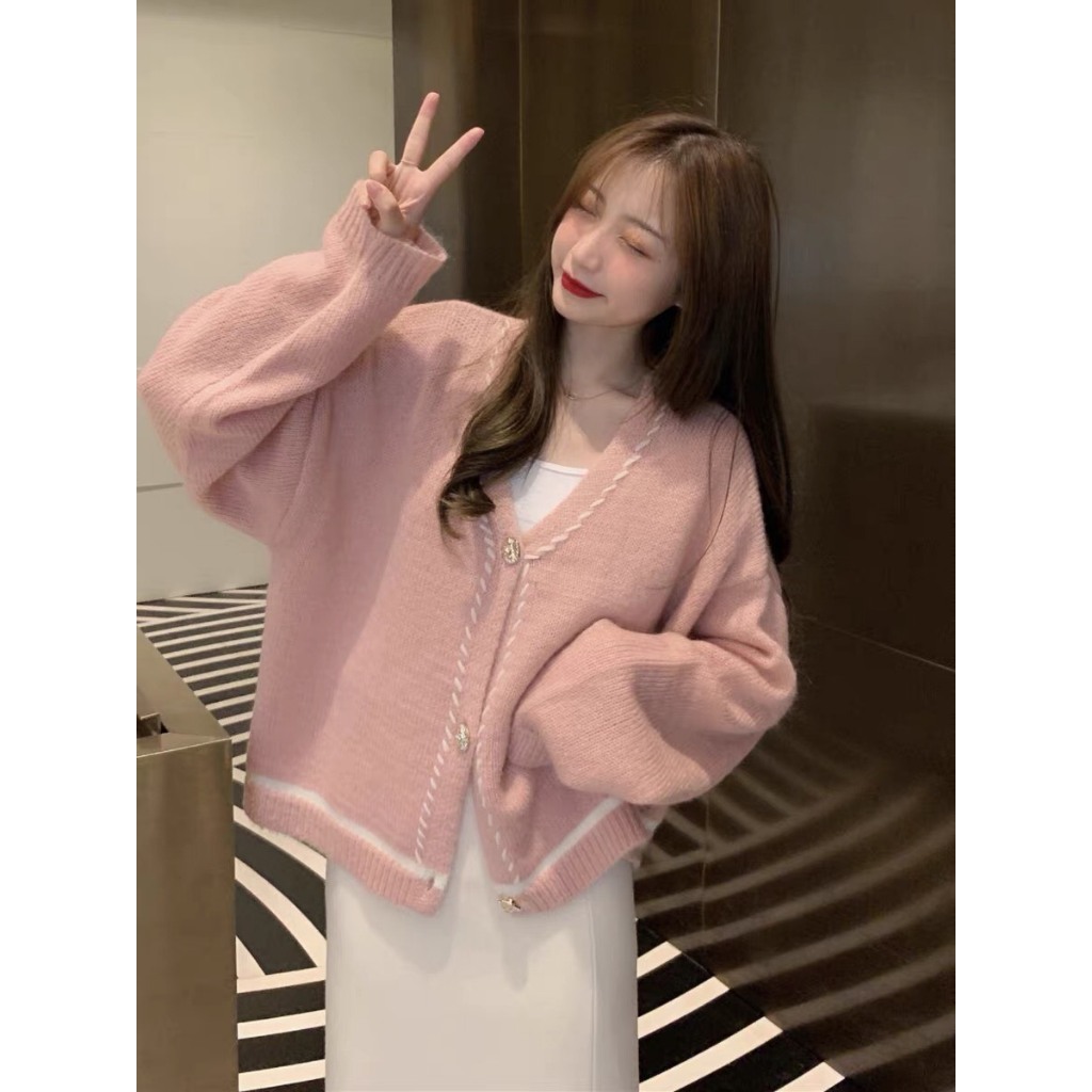 Áo khoác cardigan len Ruby màu hồng ngọt ngào, Áo khoác len có cúc cài phong cách nhẹ nhàng
