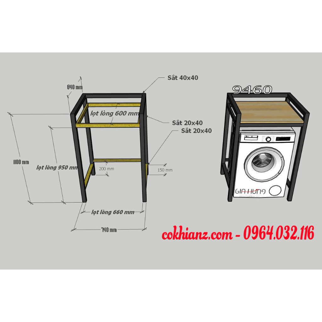 Kệ máy giặt máy sấy 2 tầng chịu tải đến 300KG , hộp vuông 4x4cm