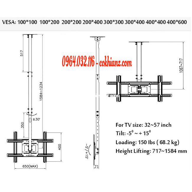 T560 Giá Treo Tivi Thả Trần North Bayou -Giá treo tivi trên trần nhà