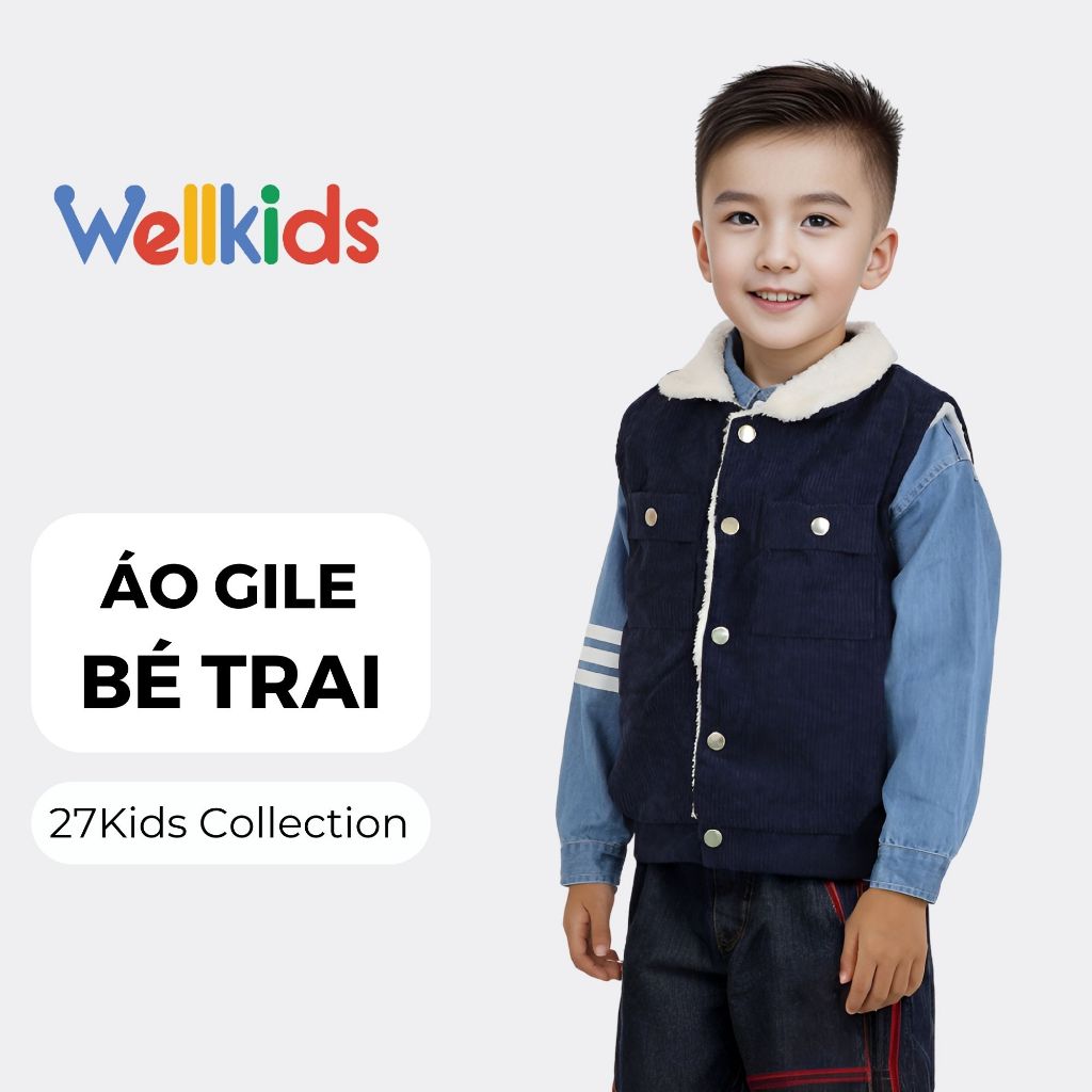 Áo gile lót lông cừu cho bé trai bé gái Wellkids 27Kids áo gile thu đông cho trẻ từ 2-10 tuổi BLGI 01