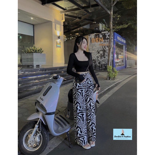 Set áo croptop đen mix quần hoạ tiết