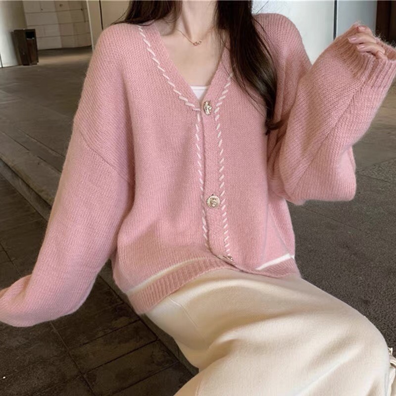 Áo khoác cardigan len Ruby màu hồng ngọt ngào, Áo khoác len có cúc cài phong cách nhẹ nhàng