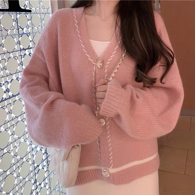 Áo khoác cardigan len Ruby màu hồng ngọt ngào, Áo khoác len có cúc cài phong cách nhẹ nhàng