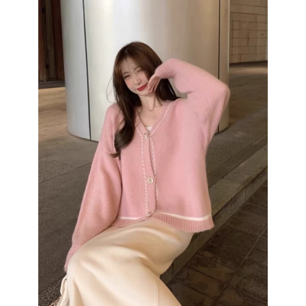 Áo khoác cardigan len Ruby màu hồng ngọt ngào, Áo khoác len có cúc cài phong cách nhẹ nhàng