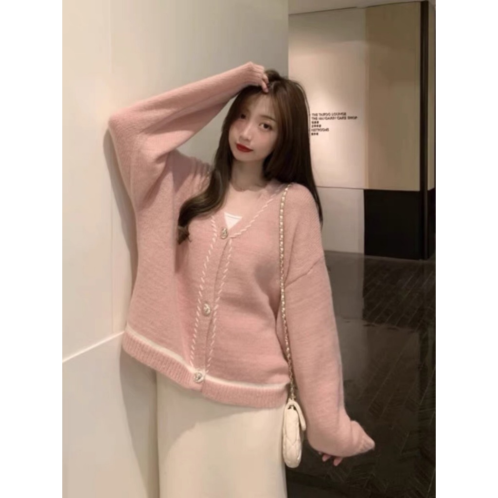 Áo khoác cardigan len Ruby màu hồng ngọt ngào, Áo khoác len có cúc cài phong cách nhẹ nhàng