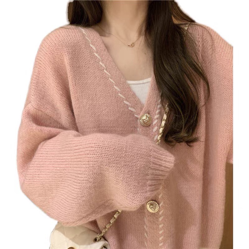 Áo khoác cardigan len Ruby màu hồng ngọt ngào, Áo khoác len có cúc cài phong cách nhẹ nhàng