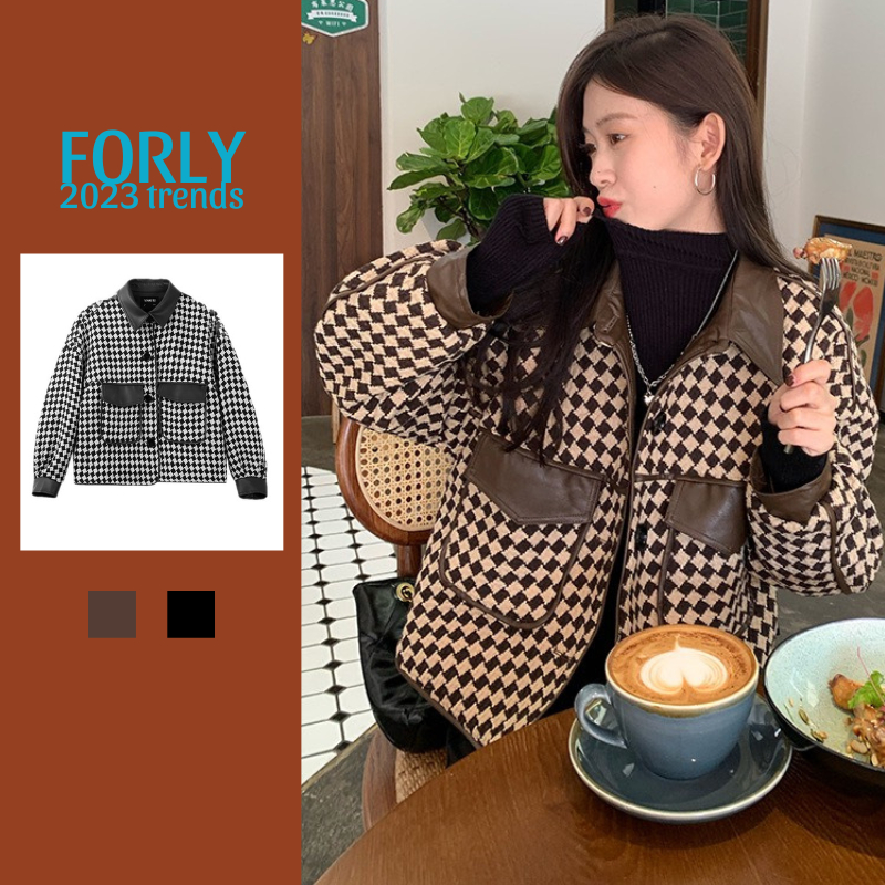 Áo khoác dạ tweed lót phao Forgirl phối da họa tiết kẻ caro FG007