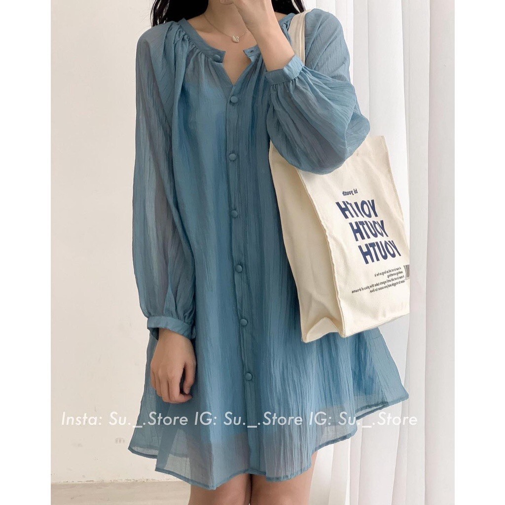 Set váy sơ mi tơ voan cổ tròn dáng suông babydoll form rộng bầu bí bon chen kèm váy 2 dây tiểu thư