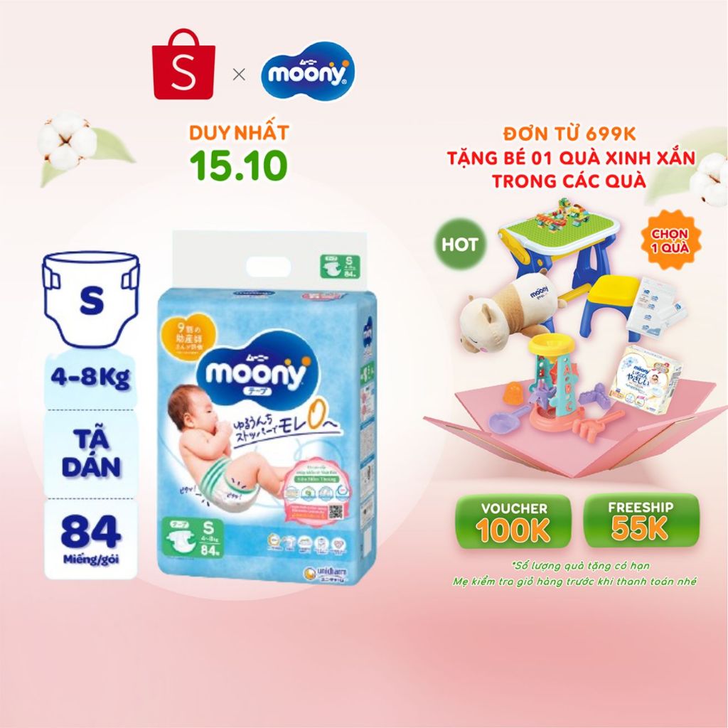 Tã dán cao cấp Moony S84/M64/L54 - Nhập khẩu từ Nhật Bản