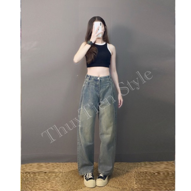 Quần jean nữ suông dài màu bụi đẹp,Quần bò loang màu chất dày không giãn