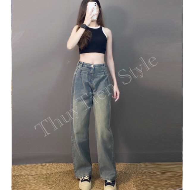 Quần jean nữ suông dài màu bụi đẹp,Quần bò loang màu chất dày không giãn