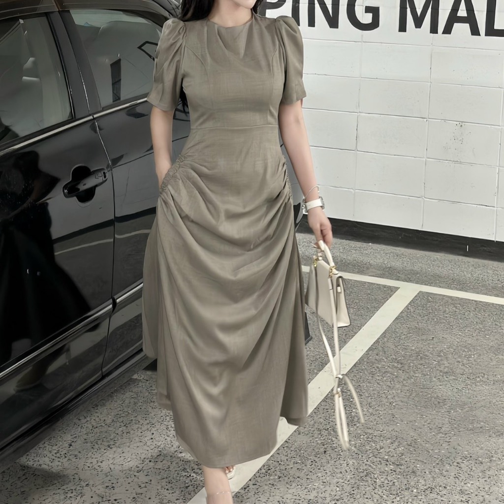 Đầm maxi công sở nhún eo tôn dáng có túi hai bên