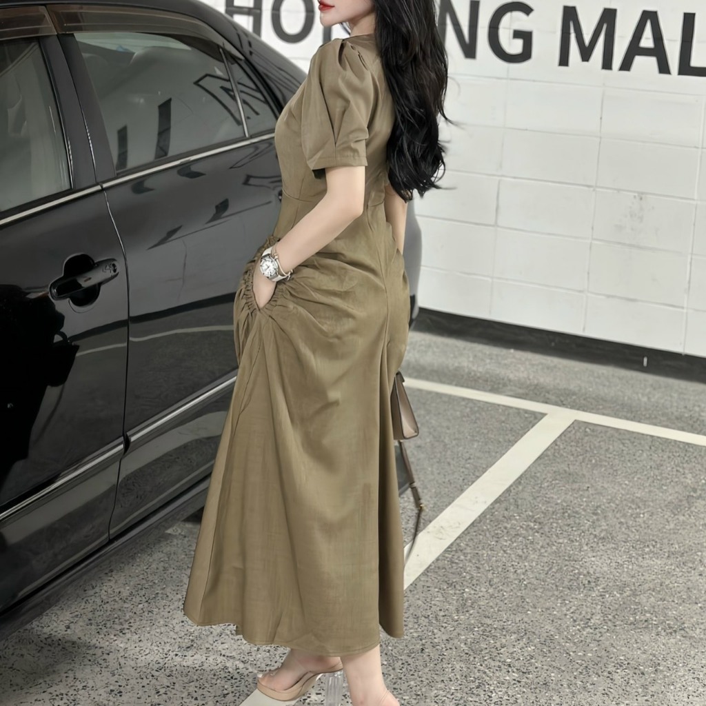 Đầm maxi công sở nhún eo tôn dáng có túi hai bên