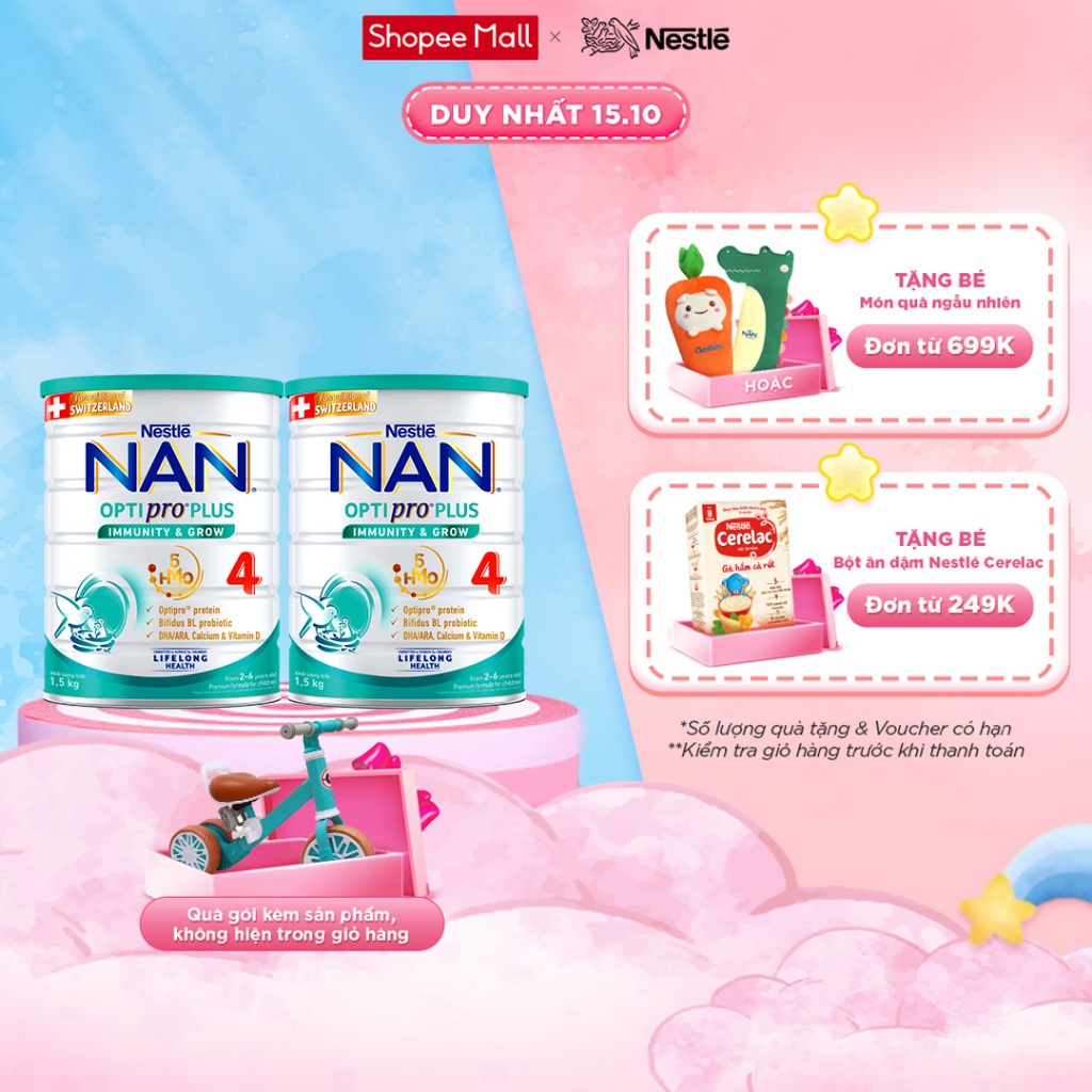 Tặng Xe Chòi Chân Bộ 2 lon Sữa bột Nestlé NAN OPTIPRO PLUS 4 1500g lon với