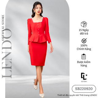 Sét Bộ Công Sở LENDO SB220920 Áo Peplum Cổ Vuông Viền Ren Đính Ngọc Tay Dài Chân Váy Ôm Bút Chì Xẻ Sau