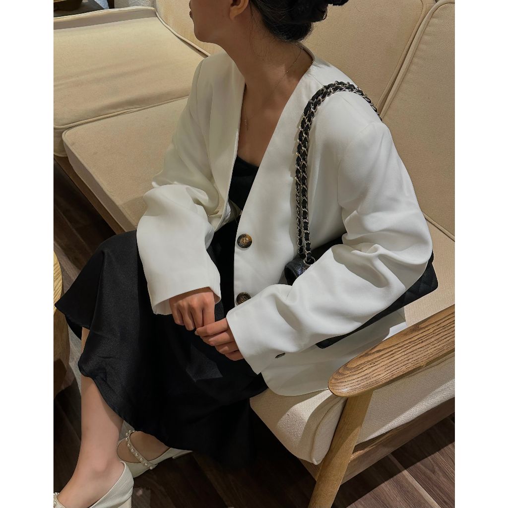 Áo blazer nữ không cổ dài tay 2 lớp phom dáng đứng màu sắc trendy