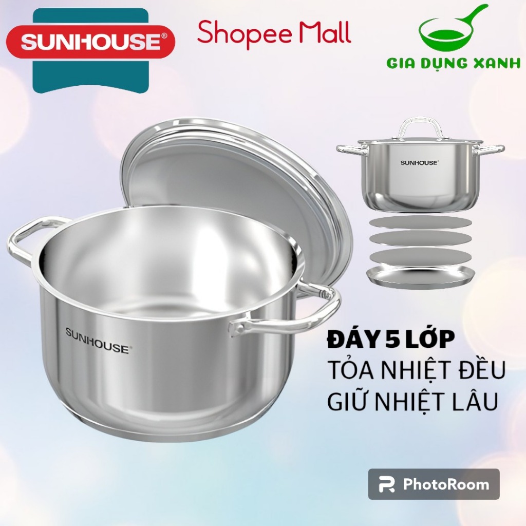 Nồi inox 5 đáy Sunhouse vung inox size 16-20-24cm dùng trên mọi loại bếp