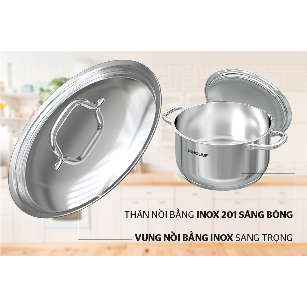 Nồi inox 5 đáy Sunhouse vung inox size 16-20-24cm dùng trên mọi loại bếp