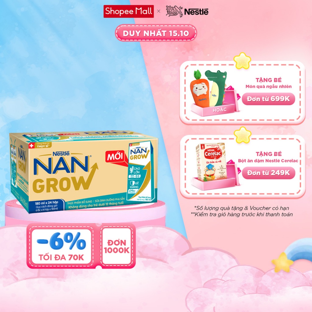 Thùng 24 hộp Sữa pha sẵn Nestlé NANGROW sữa mát công thức từ Thụy Sĩ 100% Canxi giúp bé cao lớn vượt trội 6(4 x 180ml)