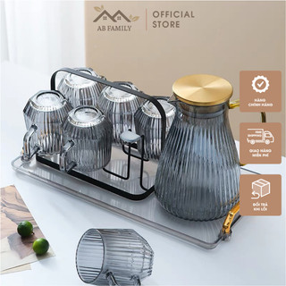 Bộ bình thủy tinh pha lê màu đen vân sọc sang trọng, bình đựng nước thủy tinh chịu nhiệt có quai cầm