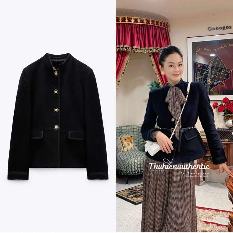 Áo vest xanh đen ôm vừa vặn cúc hoạ tiết viền cổ mã code: 9591/117 ZARA chính hãng (kèm ảnh thật)