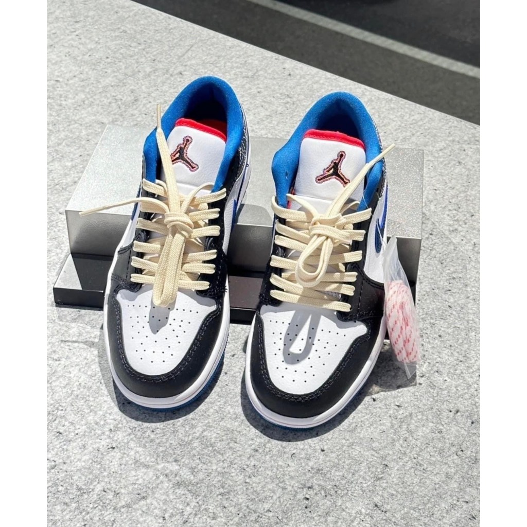 Giày Air Jordan 1 Low ‘White Industrial Blue Siren Red’ FV3622-141, giày JD1 Xanh đỏ dây kem màu mới phong cách