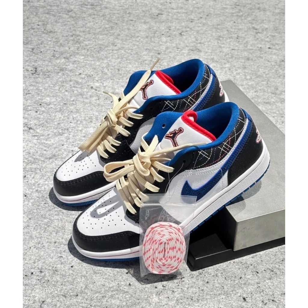 Giày Air Jordan 1 Low ‘White Industrial Blue Siren Red’ FV3622-141, giày JD1 Xanh đỏ dây kem màu mới phong cách