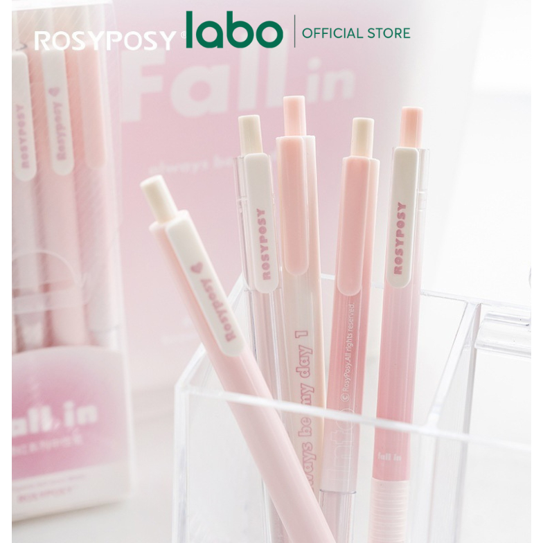 Bút Gel Đen FALL IN Rosy Posy Set 5 Bút Vỏ Hoạ Tiết Màu Pastel Xinh Xắn LABO
