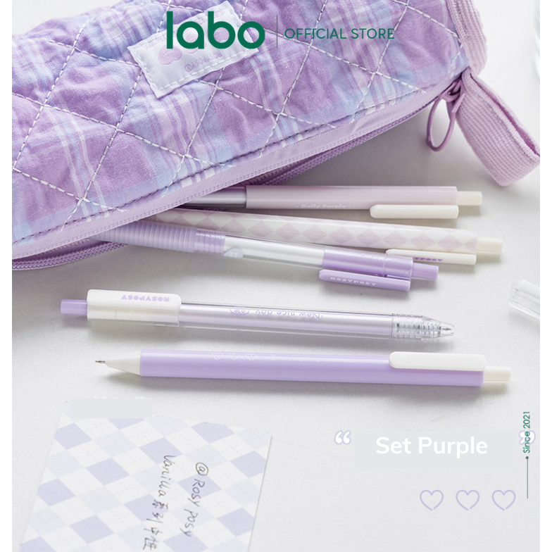 Bút Gel Đen FALL IN Rosy Posy Set 5 Bút Vỏ Hoạ Tiết Màu Pastel Xinh Xắn LABO