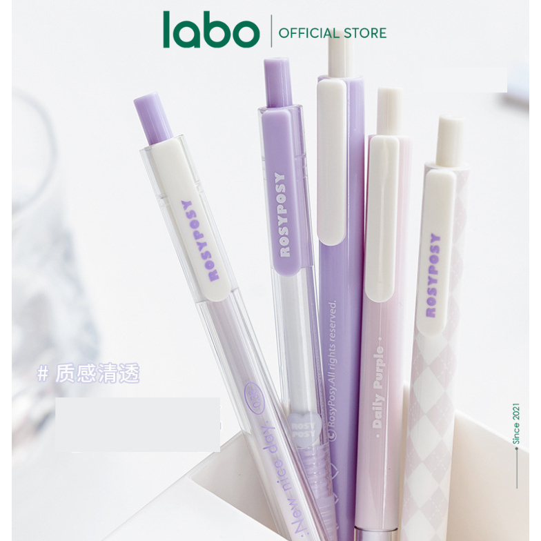 Bút Gel Đen FALL IN Rosy Posy Set 5 Bút Vỏ Hoạ Tiết Màu Pastel Xinh Xắn LABO