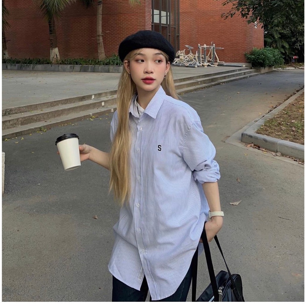 Áo Sơ Mi Kẻ Nam Nữ Dài Tay Mặc Đôi Unisex Form Rộng Đẹp Thêu Logo S  Hot Trend 2023