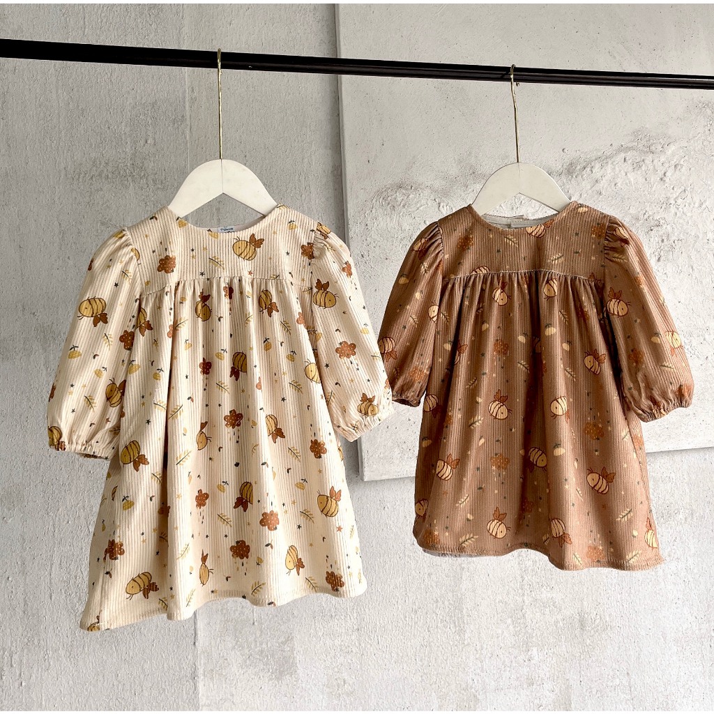 Váy đầm bé gái dáng babydoll dài tay cho bé đi học, đi chơi