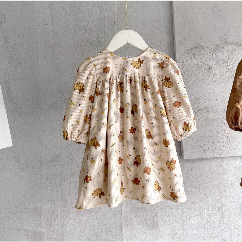 Váy đầm bé gái dáng babydoll dài tay cho bé đi học, đi chơi